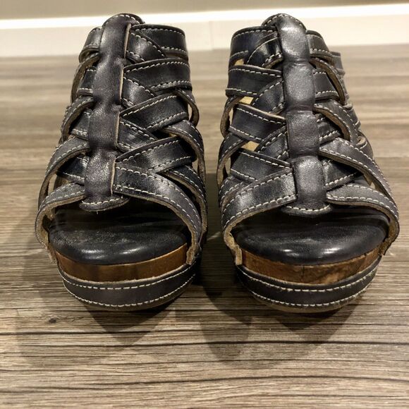 Bed Stu Gina Wedge 6 Black Leather Brown Wood Platform Strappy Sandal Mexico - Picture 6 of 11